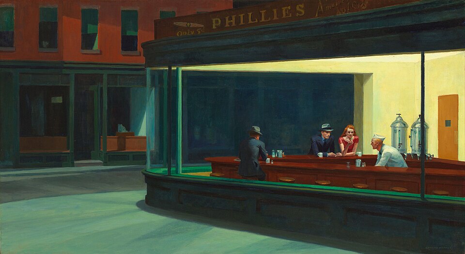 Nighthawks by Edward Hopper: three customers and a counter attendant inside a brightly lit diner on a dark, empty street.